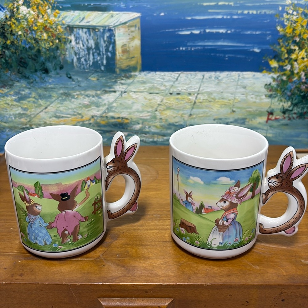Vintage Set of 2 Easter Themed Bunny Handled Coffee Mugs, Decor